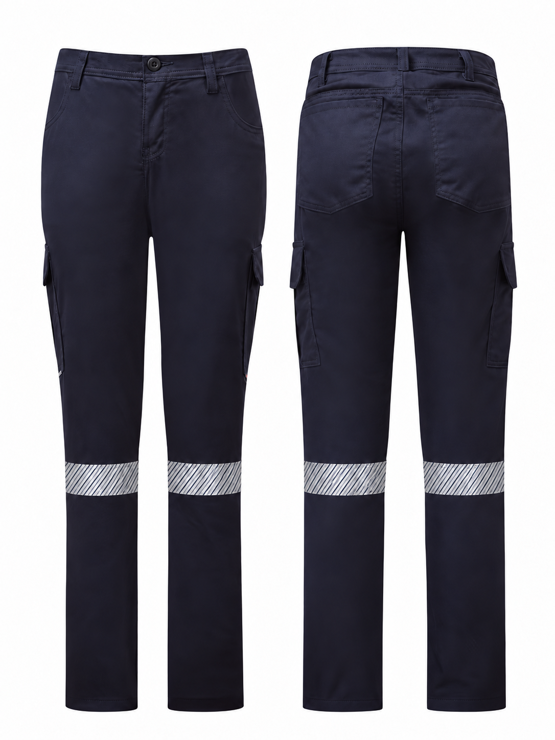 Women’s Avenger 7 oz navy FR cargo pants by IFR Workwear, Style 671, Heat-transfer 2" Silver, front and back views
