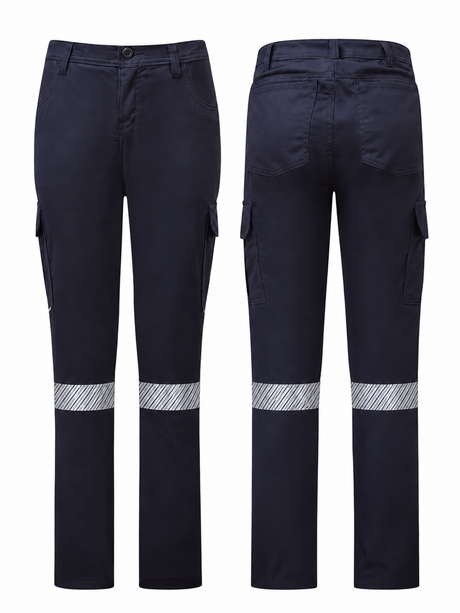 Women’s Avenger 7 oz navy FR cargo pants by IFR Workwear, Style 671, Heat-transfer 2" Silver, front and back views