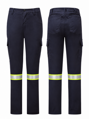 Women’s Avenger 7 oz navy FR cargo pants by IFR Workwear, Style 671, Sewn-on 2" Y/S/Y, front and back views