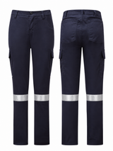 Women’s Avenger 7 oz navy FR cargo pants by IFR Workwear, Style 671, Sewn-on 2" Silver, front and back views