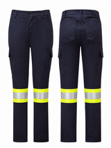 Women’s Avenger 7 oz navy FR cargo pants by IFR Workwear, Style 671, Sewn-on 4" Y/S/Y, front and back views