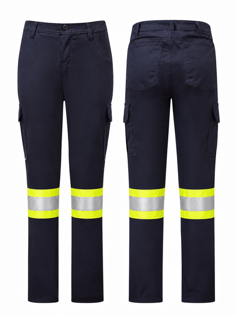 Women’s Avenger 7 oz navy FR cargo pants by IFR Workwear, Style 671, Sewn-on 4" Y/S/Y, front and back views