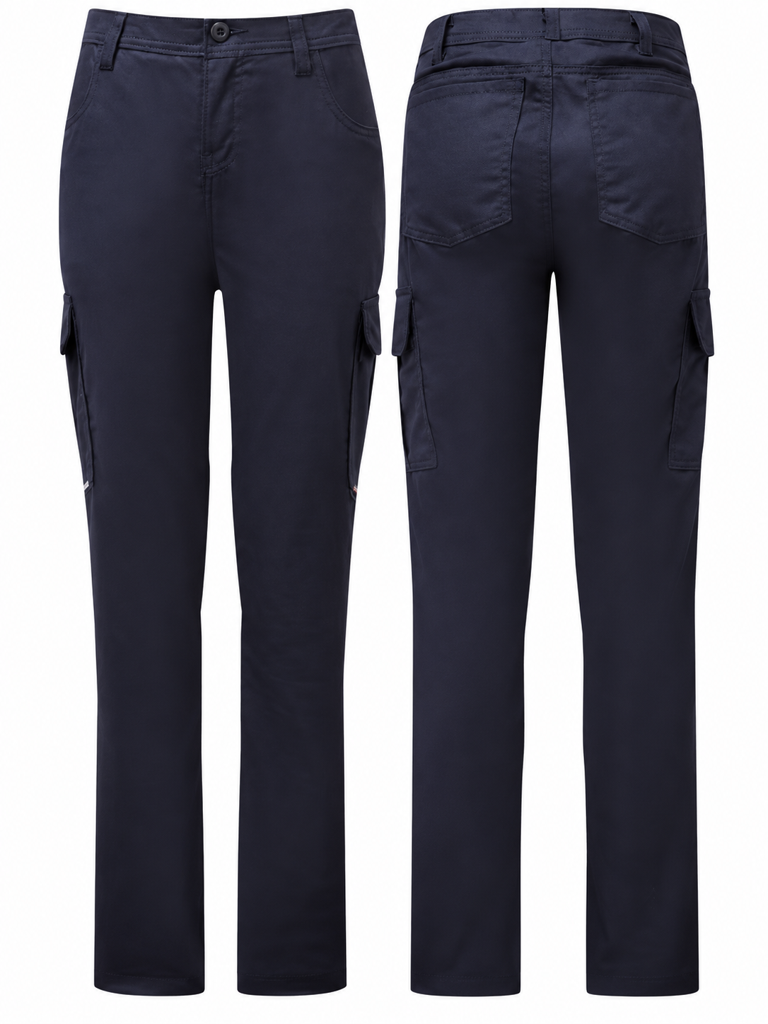 Women’s Avenger 7 oz navy FR cargo pants by IFR Workwear, Style 671, front and back views
