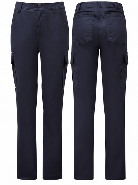 Women’s Avenger 7 oz navy FR cargo pants by IFR Workwear, Style 671, front and back views