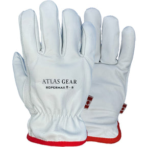 A pair of white full-grain premium cowhide leather gloves with Atlas Gear branding on the back, featuring a slip-on style cuff and elastic sewn wrist.