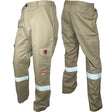 Khaki ARC FR work pants with reflective stripes on a white background