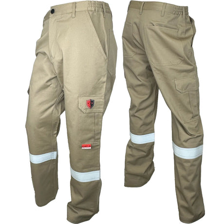 Khaki ARC FR work pants with reflective stripes on a white background