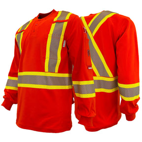 Orange long sleeve Henley shirt with reflective yellow segmented striping, one shown from the front and the other from the back, against a white background.