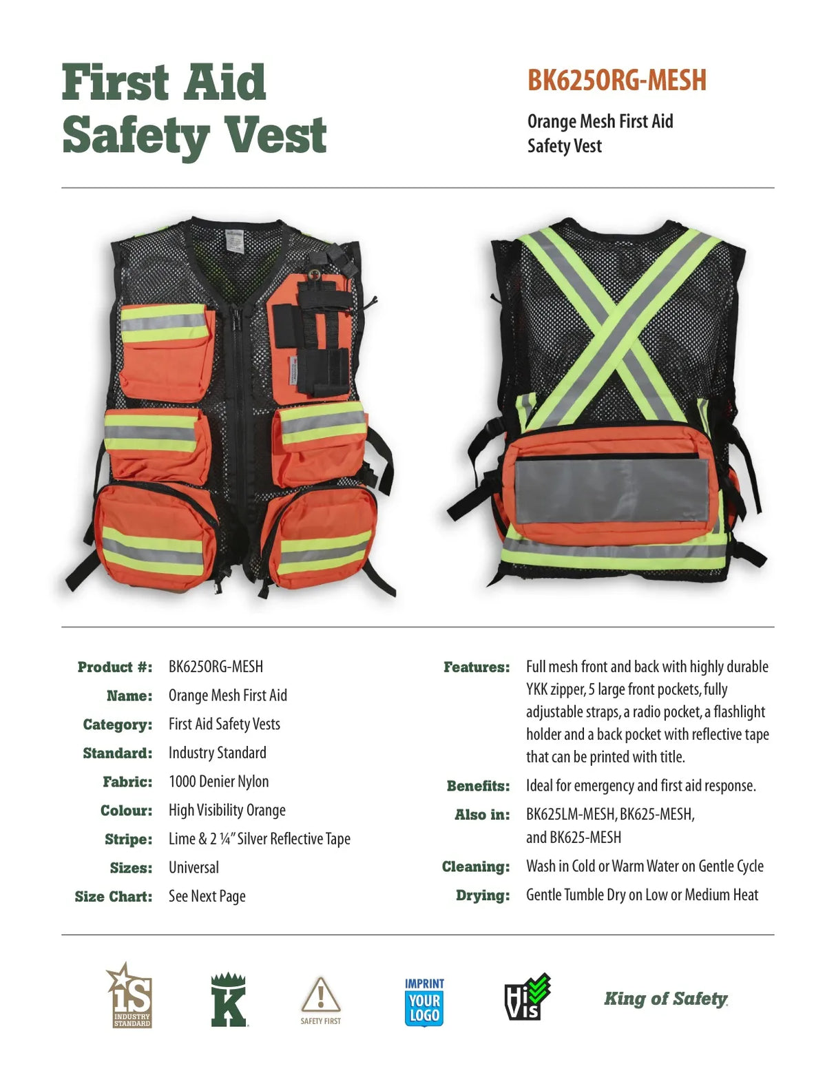 Hi-Vis Mesh First Aid Safety Vest by Big K Clothing - Style BK625-M