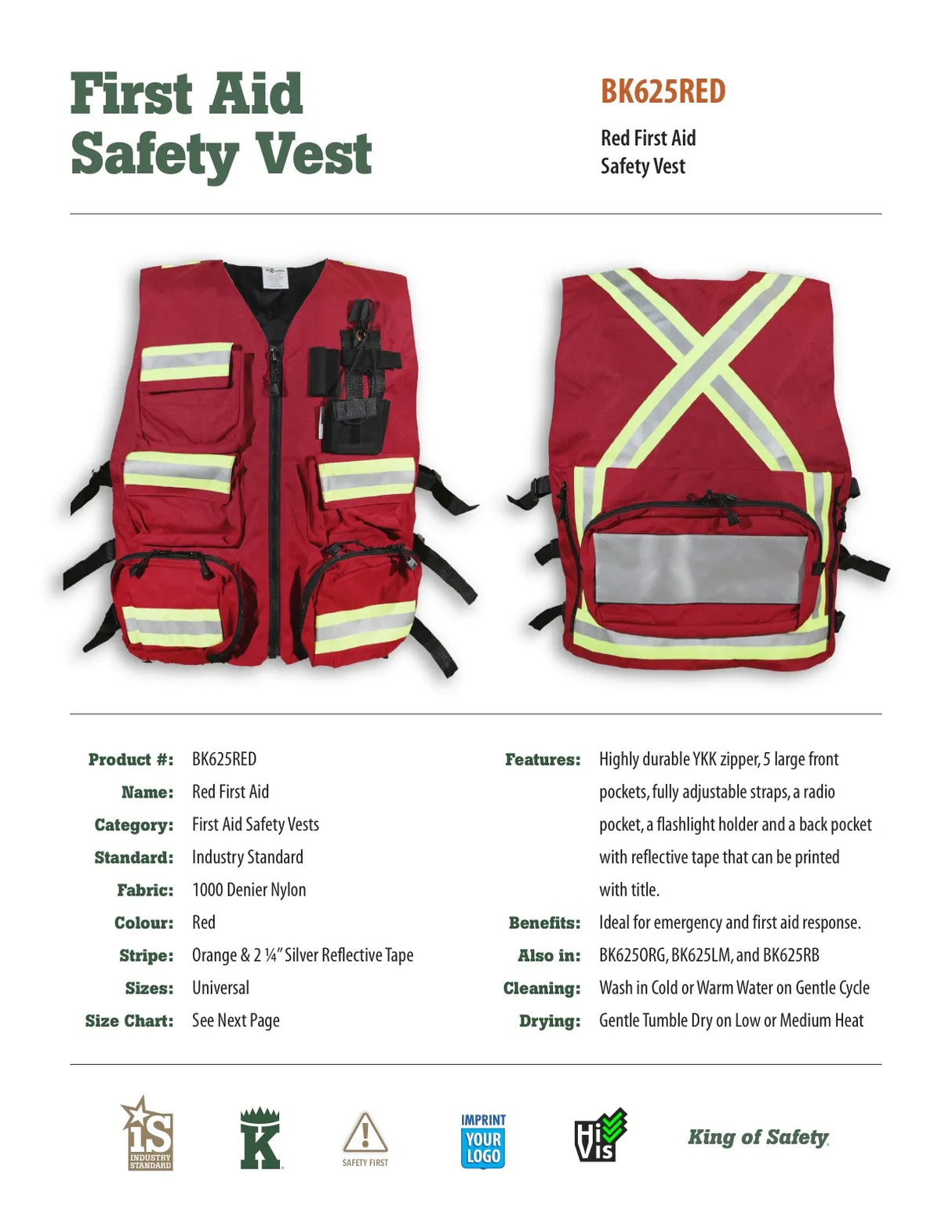 Hi-Vis First Aid Safety Vest by Big K Clothing - Style BK625