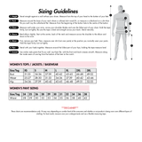 IFR women’s sizing guide with pant tag sizes 24–38 and corresponding waist measurements 28–42 inches; no unhemmed-length note