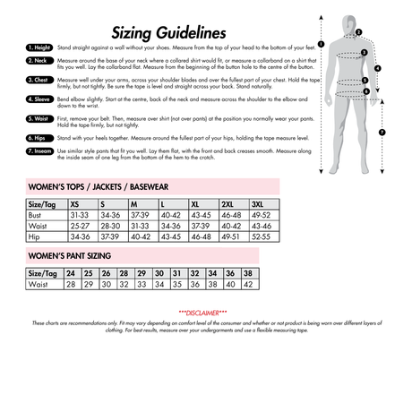 IFR women’s sizing guide with pant tag sizes 24–38 and corresponding waist measurements 28–42 inches; no unhemmed-length note