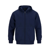 A navy blue full-zip hoodie with a drawstring hood, ribbed cuffs and hem, and a front kangaroo pocket, shown on a plain white background.