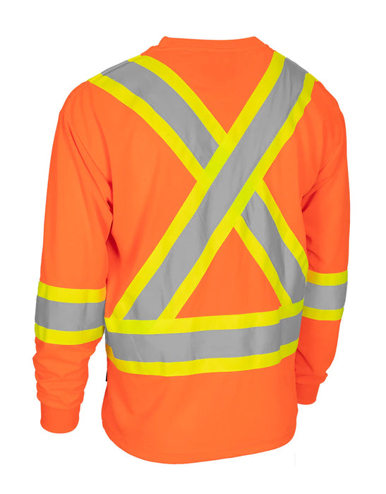 Hi Vis Crew Neck Long Sleeve Safety Tee Shirt with Chest Pocket and Arm Bands by Forcefield