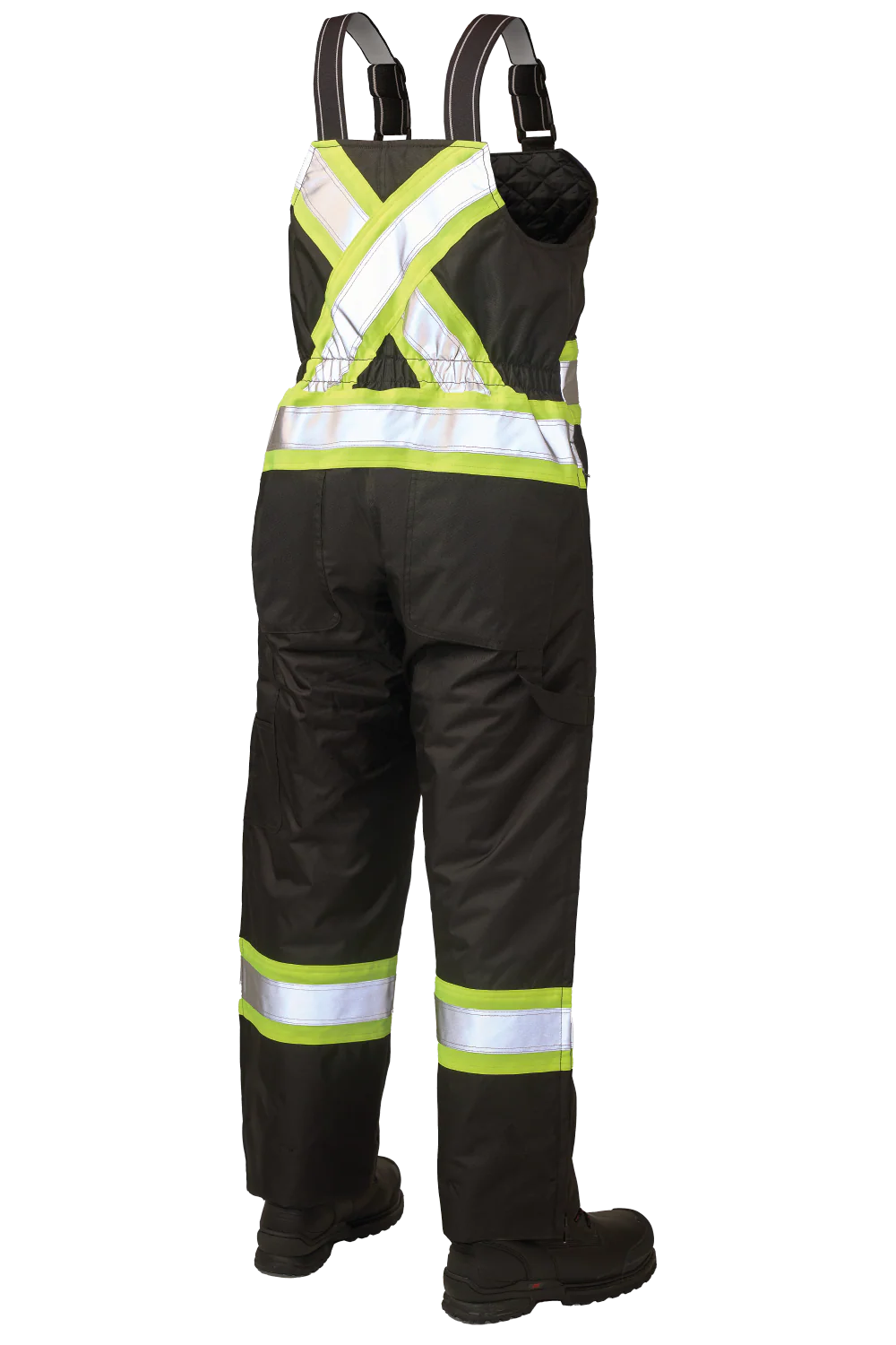 Black safety bib overalls with reflective stripes on a white background