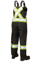 Black safety bib overalls with reflective stripes on a white background