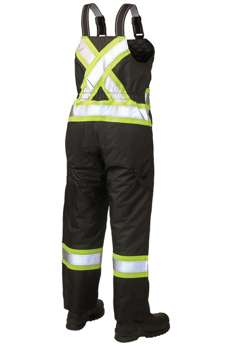 Black safety bib overalls with reflective stripes on a white background