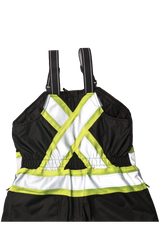 Safety bib with reflective yellow stripes on a white background