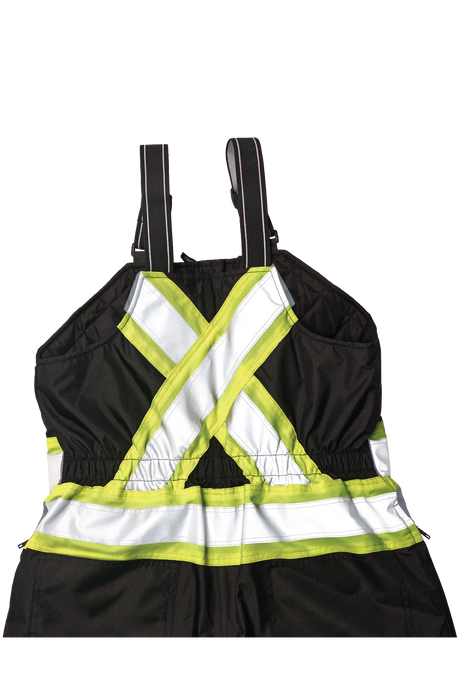 Safety bib with reflective yellow stripes on a white background