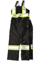 Black safety bib overalls with reflective yellow stripes on a white background