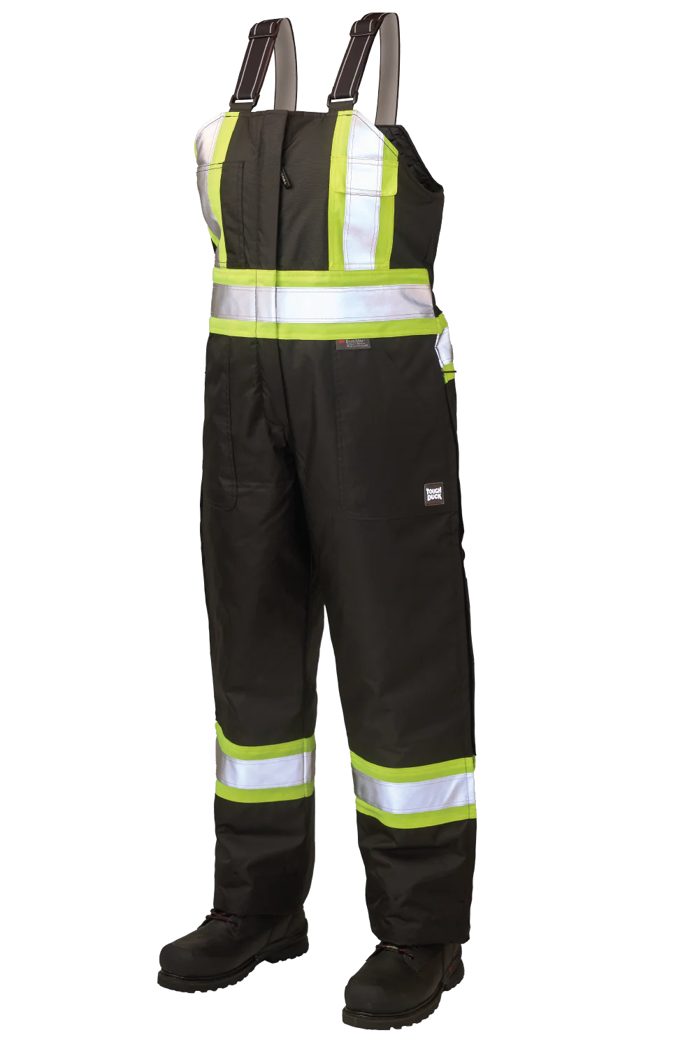 Black safety bib overalls with reflective stripes on a white background