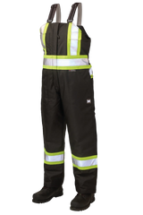 Black safety bib overalls with reflective stripes on a white background