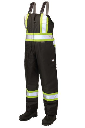 Black safety bib overalls with reflective stripes on a white background