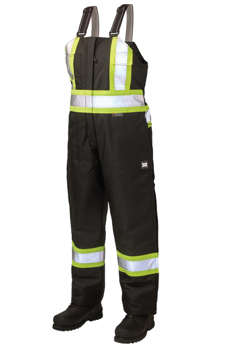 Black safety bib overalls with reflective stripes on a white background