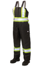 Black safety bib overalls with reflective stripes on a white background