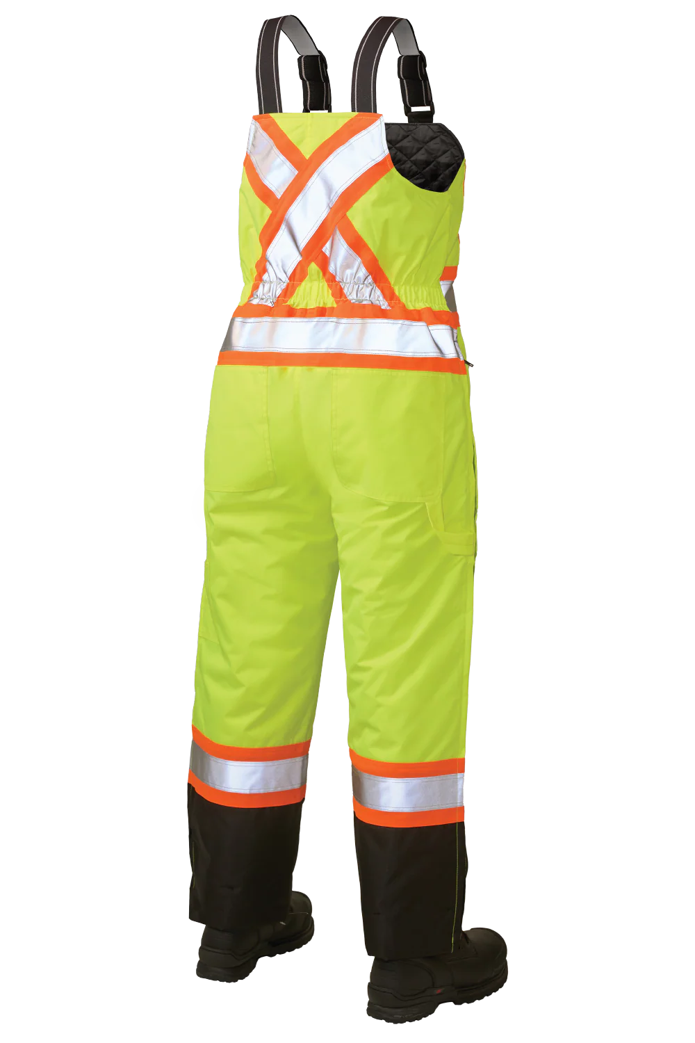 High-visibility safety bib overalls with reflective stripes on a white background