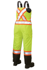 High-visibility safety bib overalls with reflective stripes on a white background