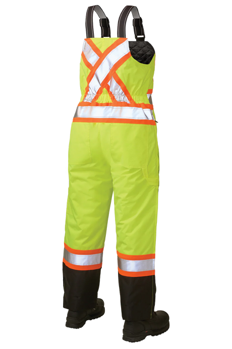 High-visibility safety bib overalls with reflective stripes on a white background