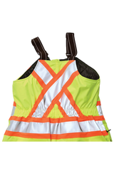 High-visibility safety bib with reflective stripes on a white background