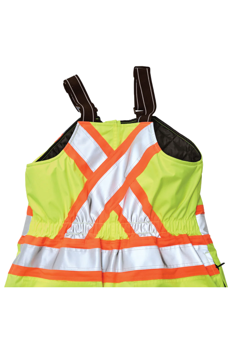 High-visibility safety bib with reflective stripes on a white background