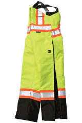 High-visibility safety pants with reflective stripes on a white background