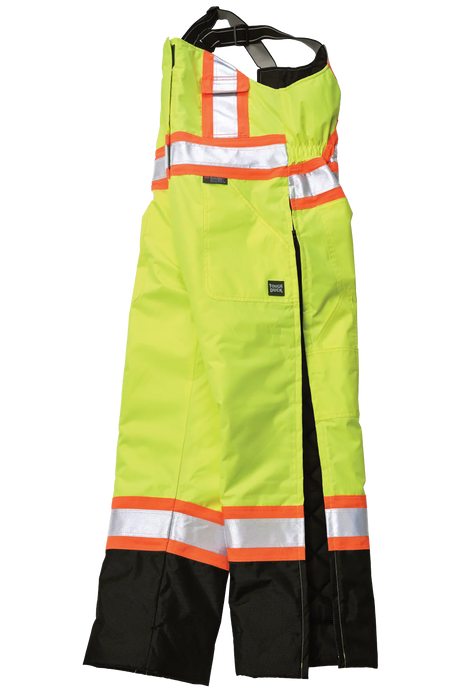High-visibility safety pants with reflective stripes on a white background