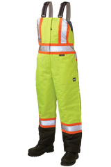 High-visibility safety bib overalls with reflective stripes on a white background