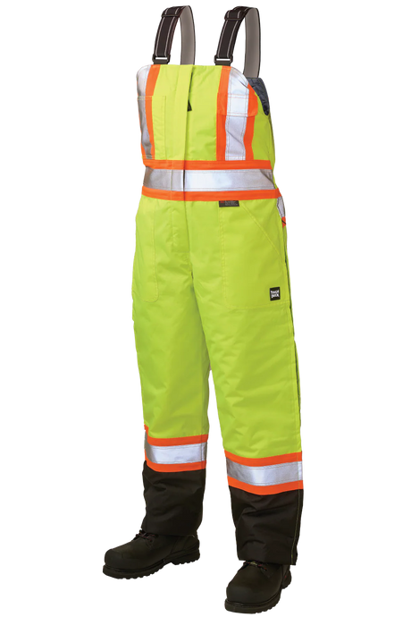 High-visibility safety bib overalls with reflective stripes on a white background