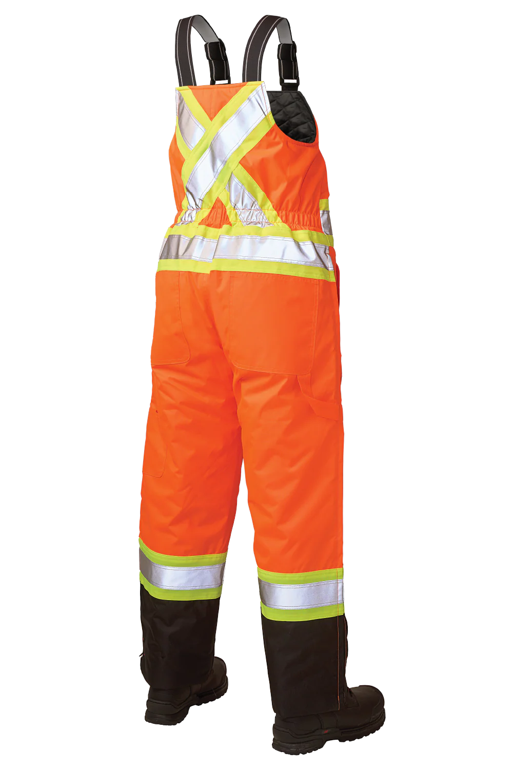 Orange safety bib overalls with reflective stripes on a white background