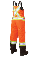 Orange safety bib overalls with reflective stripes on a white background