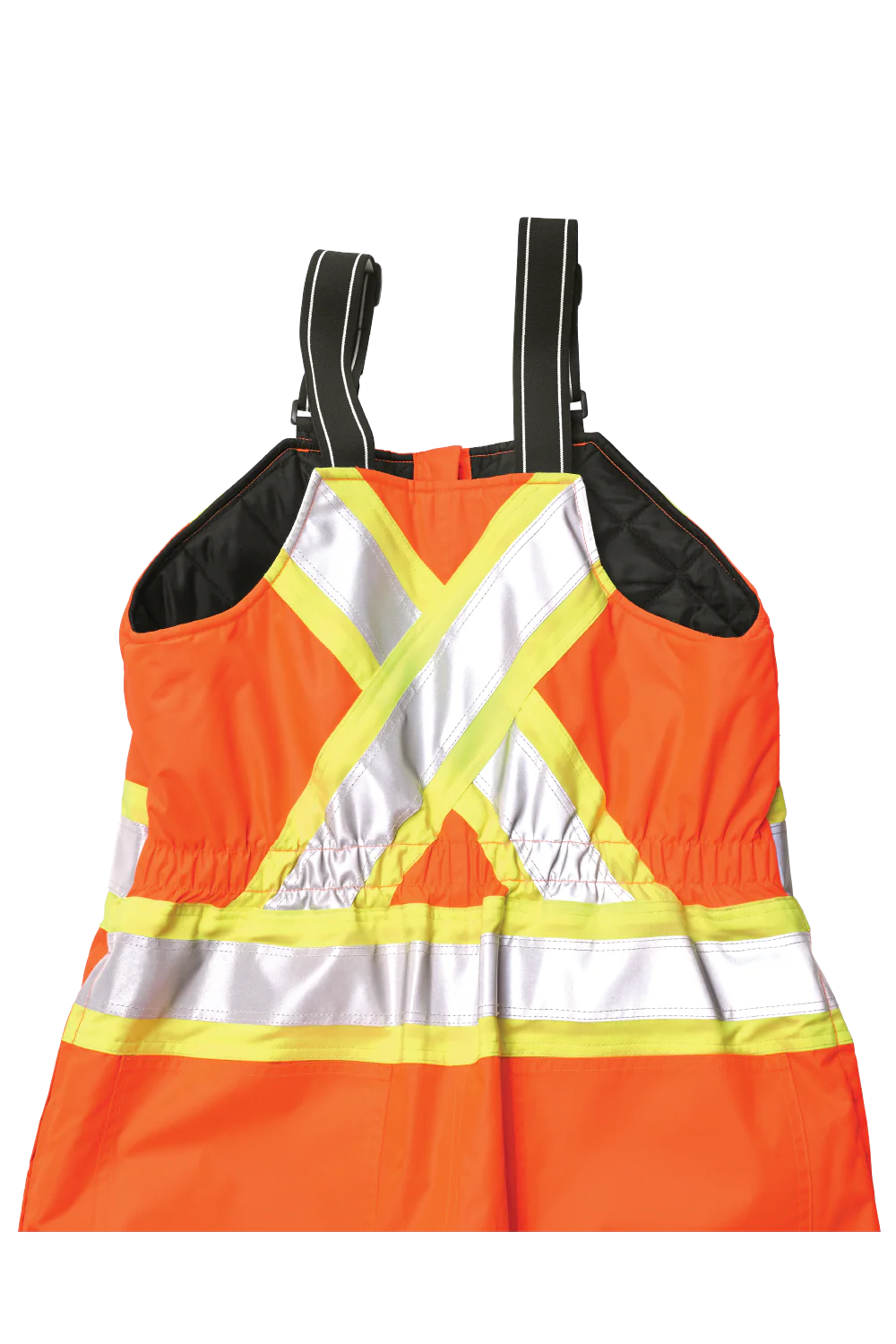 High-visibility safety bib with reflective stripes on a white background