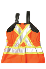 High-visibility safety bib with reflective stripes on a white background