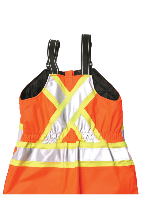 High-visibility safety bib with reflective stripes on a white background