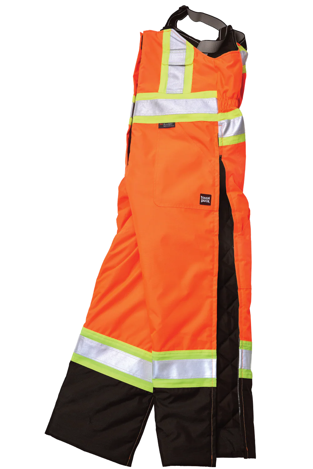 Orange safety coverall with reflective stripes on a white background
