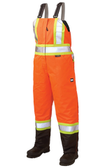 Orange safety bib overalls with reflective stripes on a white background