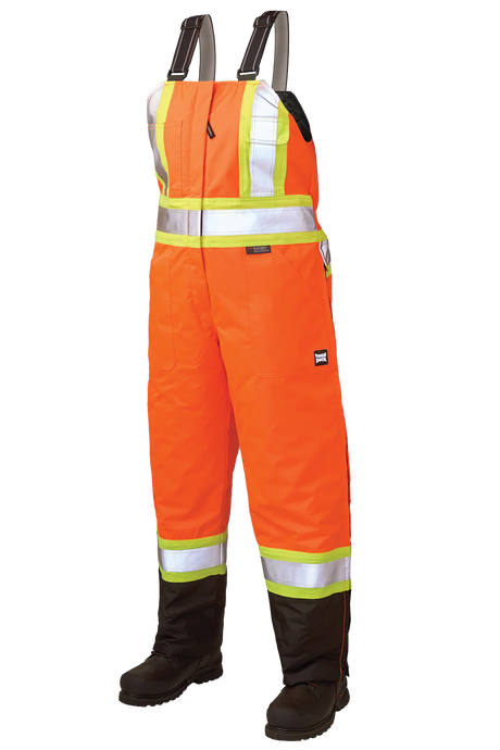 Orange safety bib overalls with reflective stripes on a white background