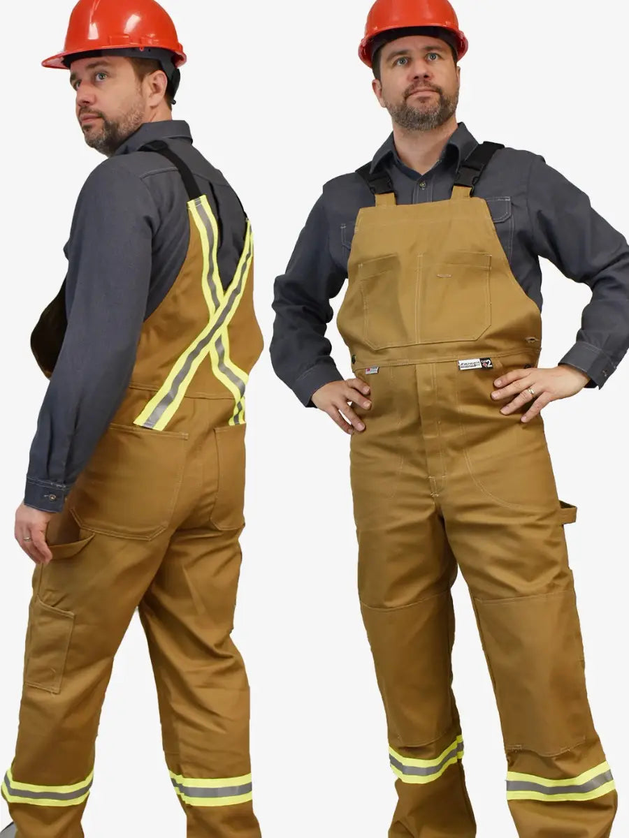 Avenger Style 3122 brown duck FR bib pants worn by a model
