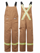 Avenger Style 3122 brown duck FR bib pants, front and rear views