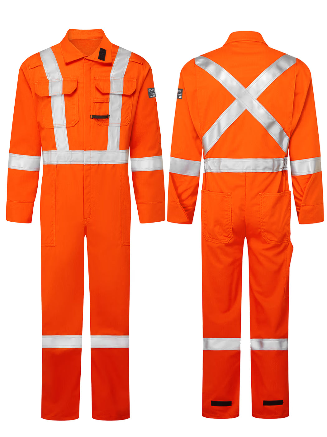 Avenger Style 408 orange hi-vis FR coveralls, front and rear views