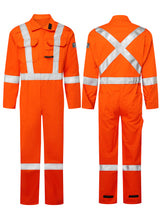 Avenger Style 408 orange hi-vis FR coveralls, front and rear views